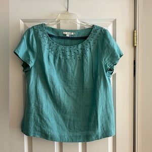 Linen Boden Top. US Size 14. Turquoise with Navy Embroidered Dots.